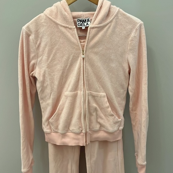 Pam + Gela Terry Zip Hoodie & Pants Two Piece Set Flared Zoe Pink Size Small - Picture 3 of 12